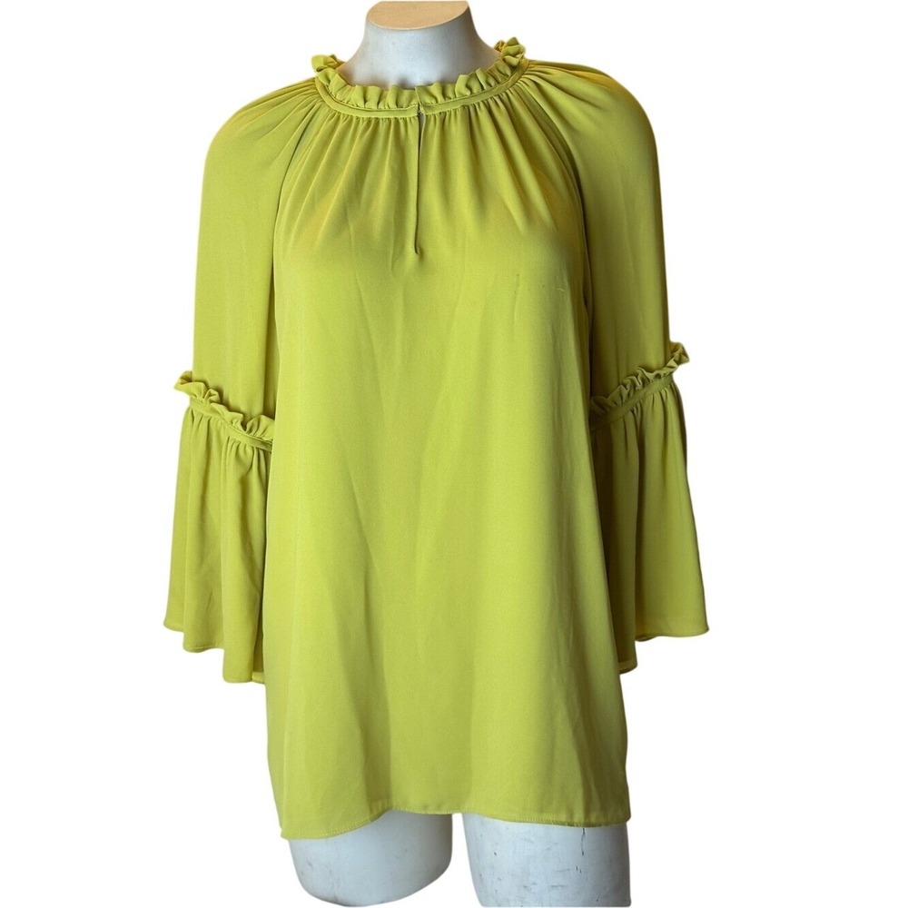 Josie Natori Dopamine dressing Ruffle Blouse Top Chartreuse  Statement top